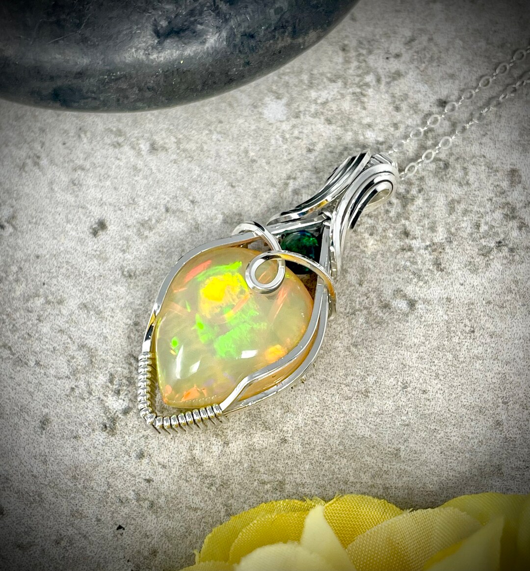 Wire Wrapped Opal Pendant Sterling Silver Opal Necklace Etsy