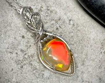 Wire Wrapped Ethiopian Opal Pendant: Sterling Silver Necklace, October Birthstone
