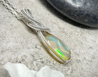Wire Wrapped Opal Pendant, Sterling Silver Opal Necklace, Welo Opal Jewelry, October Birthstone Necklace, Birthday Gifts for Wife, Genuine