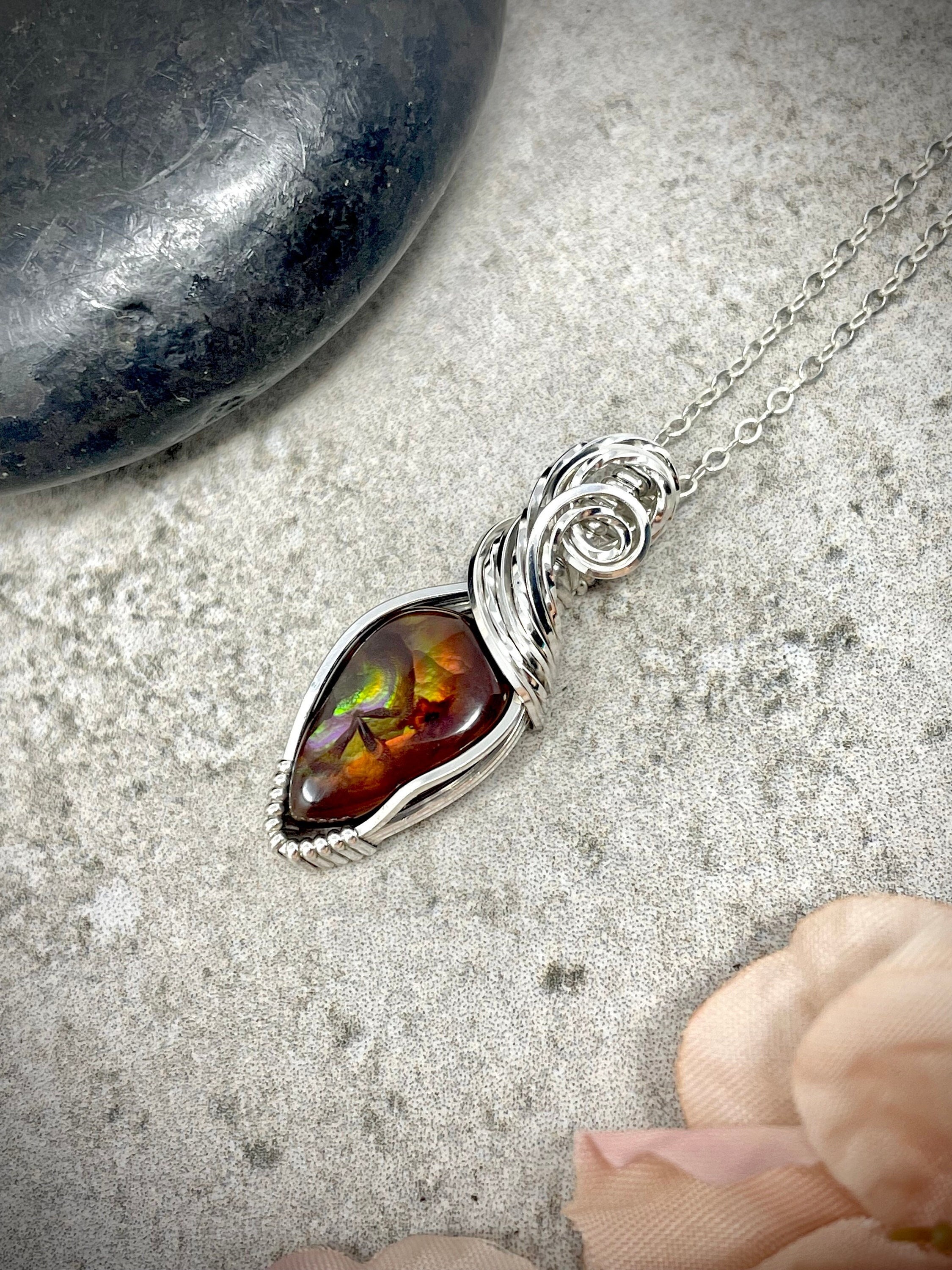 Custom Simple Sterling Silver Wire Wrapped Necklace Fire Agate