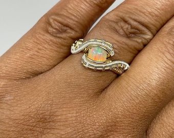 Wire Wrapped Opal Ring, Ethiopian Welo Opal Jewelry, Unique Opal Engagement Ring, Opal Promise Ring, October Birthstone Gifts for Her