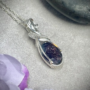 Blue Iolite Sunstone Pendant, Rare Gemstone Jewelry, Handmade Artisan Jewelry, OOAK Gemstone Necklace, Sterling Silver Wire Wrapped Necklace