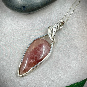 Strawberry Quartz Pendant in Sterling Silver, Handmade Strawberry Quartz Necklace, Large Crystal Statement Necklace, Wire Wrapped Jewelry