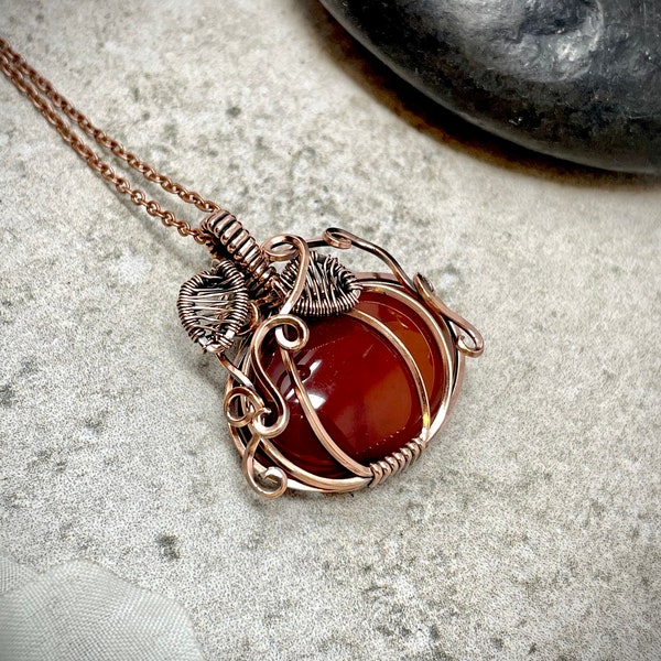 Carnelian Pumpkin Necklace, Wire Wrapped Carnelian Pumpkin Pendant, Halloween Jewelry, Fall Necklace, Witchy Jewelry, October Birthday Gift