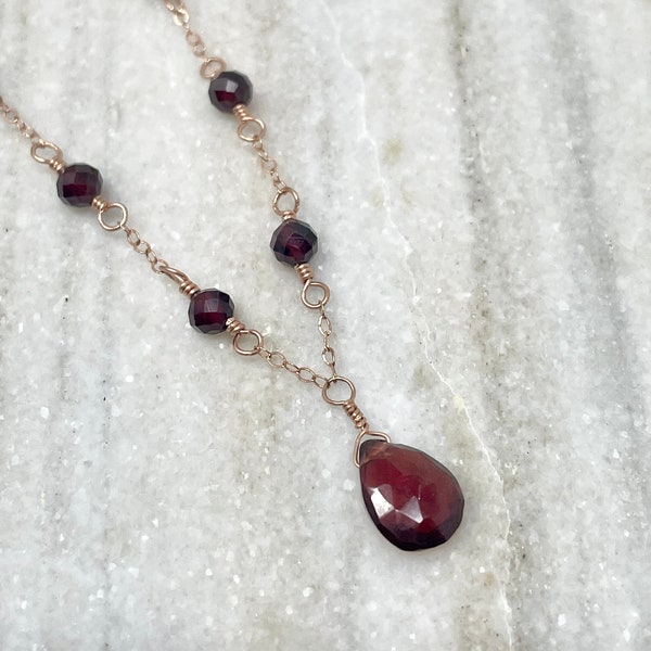 Rose Gold Garnet Necklace, Garnet Pendant, Delicate Gemstone Jewelry, January Birthstone Necklace, Birthday Gift for Wife, Garnet Jewelry