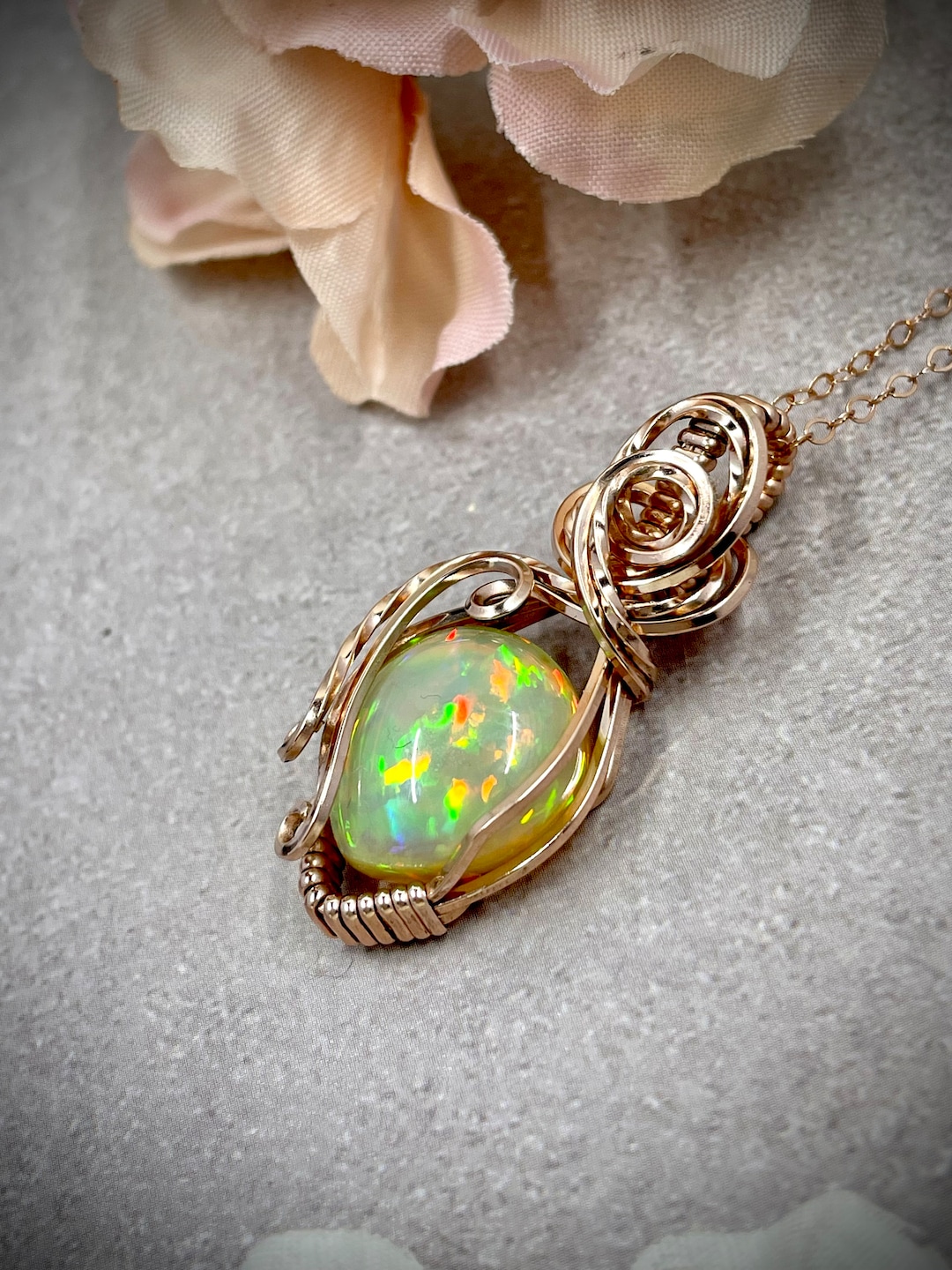 Opal Wire Wrap Pendant, Rose Gold Opal Necklace, Ethiopian Opal Jewelry