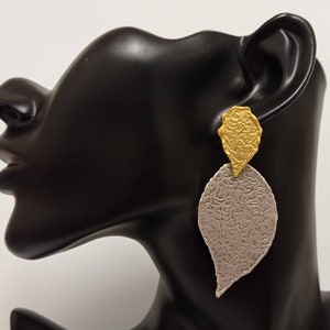 Turkish two tone doble drop hammered textured  earrings, geometric dangle post stud matte gold plated statement earrings,mixed metal earring