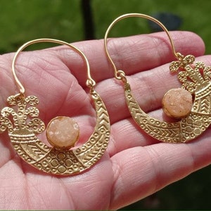 Messing Creolen vergoldet mit runden rauchigen Druzy Ohrringen,Edelstein Ohrringe.Boho Stil Schmuck