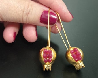 Pomegranate earrings,ruby jade hook earrings,dangle bronze Gold plated earrings,boho seeds earring Turkish  earring,tribal  earring