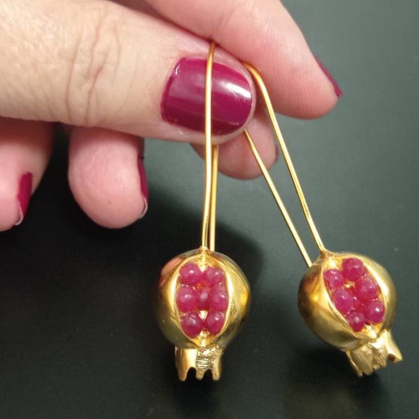 Pomegranate earrings,ruby jade hook earrings,dangle bronze Gold plated earrings,boho seeds earring Turkish  earring,tribal  earring