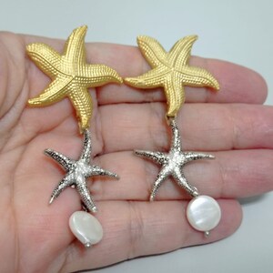 Gold Silver Starfish Pearl Dangle Earrings, Lightweight Coastal Jewelry image 8