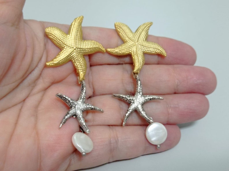 Gold Silver Starfish Pearl Dangle Earrings, Lightweight Coastal Jewelry image 8