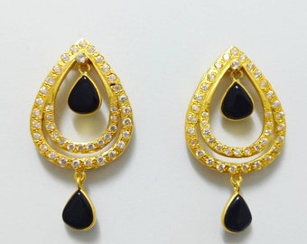 Pendientes colgantes de ágata negra y circonitas. Pendientes de ágata negra Hurrem Sultan, pendientes colgantes de latón chapado en oro, pendientes con forma de lágrima