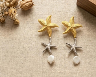 Gold Silver Starfish Pearl Dangle Earrings, Lightweight Coastal Jewelry