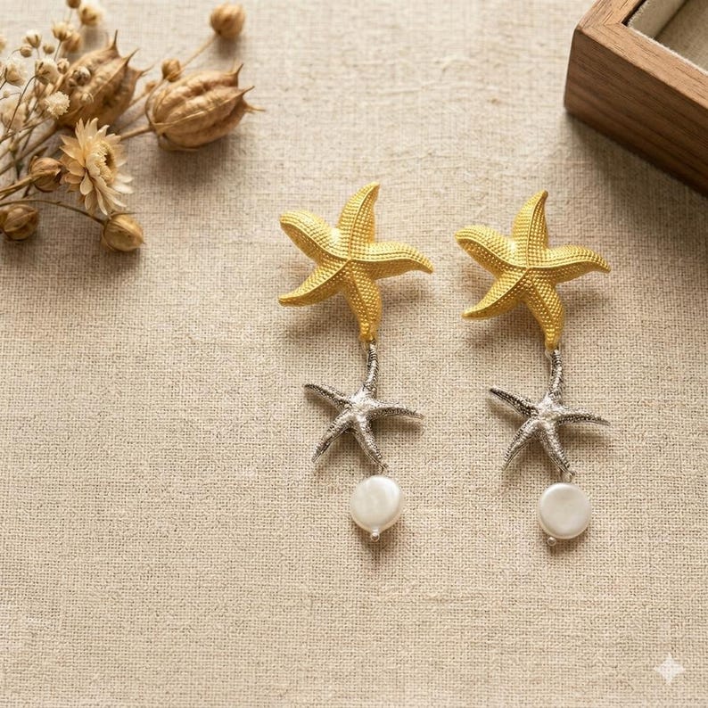 Gold Silver Starfish Pearl Dangle Earrings, Lightweight Coastal Jewelry image 1
