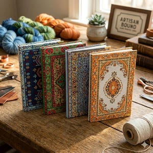 May include: Four hardcover journals standing upright, each featuring a distinct, intricate rug-inspired pattern in blue, green, light blue, and orange. Each book has metallic corner protectors and a rectangular shape with a spine and cover design.