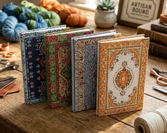 Handmade Multicolor Turkish Kilim Inspired Notebook with Brass Corners and Raffia Bag