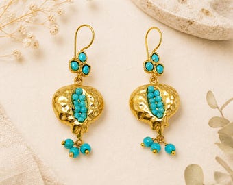 Boho Chic Gold Plated Pomegranate Earrings – Blue Howlite Ottoman Dangles