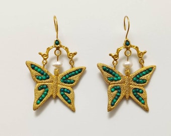 Pendientes de mariposa de malaquita turca chapados en oro hechos a mano, pendientes étnicos de bronce chapados en oro, pendientes de gancho colgantes, joyas turcas
