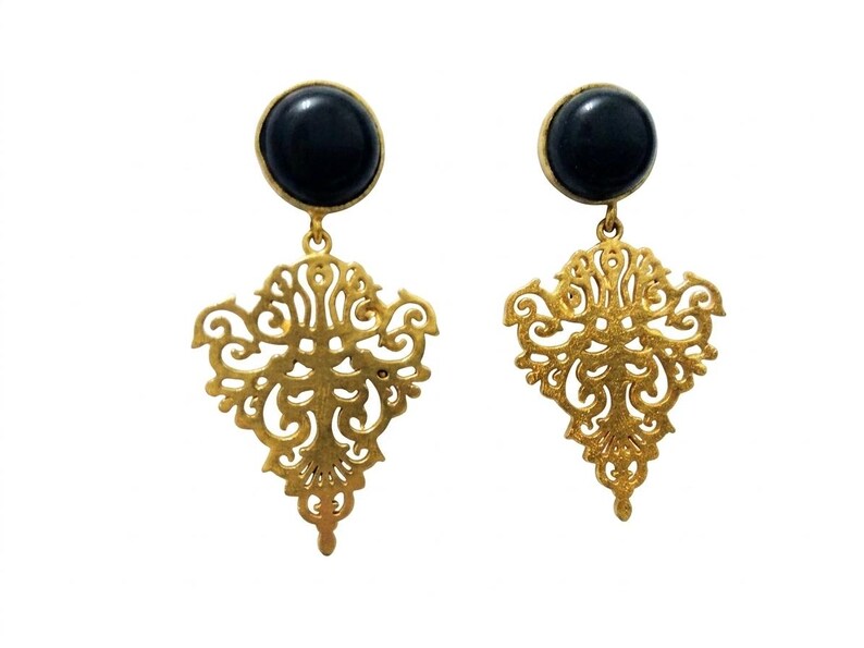 Gold Plated Brass Black Agate Dangle Earrings – Hypoallergenic, Daily Wear, Special Occasions image 3