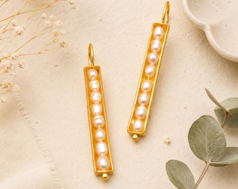 Seeds Pod Pearl Hook Earrings, Gold Plated Bronze, Boho Chic Style