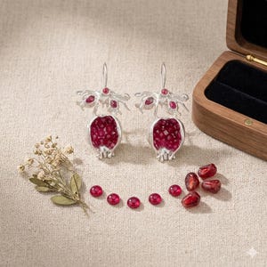 Può includere: Orecchini a forma di melograno in argento con dettagli di pietre preziose rosse. Gli orecchini presentano un design dettagliato di un frutto di melograno, con pietre preziose rosse che rappresentano i semi. È visibile un portagioie in legno.