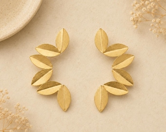 Boho Chic Gold Plated Brass Leaf Earrings, Hypoallergenic Dangle Earrings with Gift Bag
