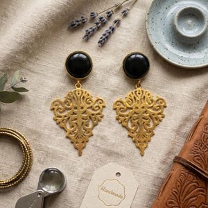 Gold Plated Brass Black Agate Dangle Earrings – Hypoallergenic, Daily Wear, Special Occasions image 1
