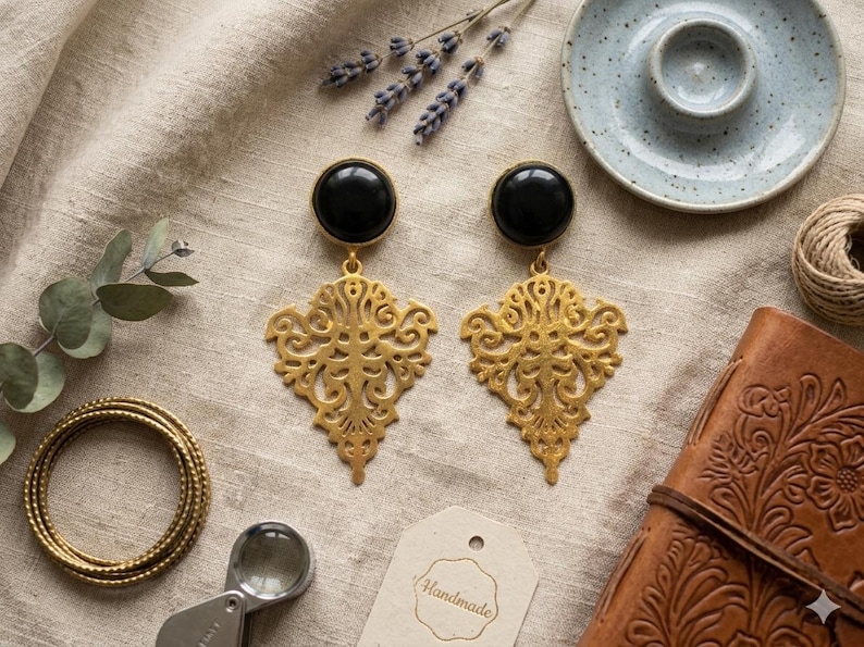Gold Plated Brass Black Agate Dangle Earrings – Hypoallergenic, Daily Wear, Special Occasions image 1