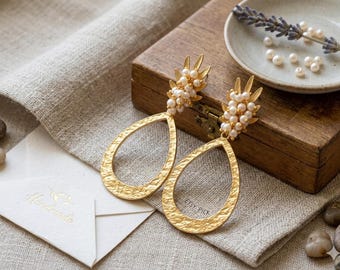 Gold Plated Brass Pineapple Drop Earrings with Pearls – Hypoallergenic Daily Wear Jewelry