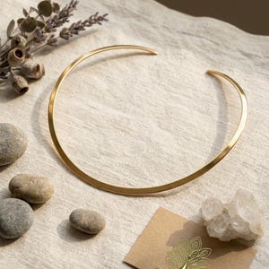 May include: A gold-colored collar necklace with a minimalist design. The necklace is a simple, curved band. The image also includes small stones, dried flowers, and a business card with a peacock logo.