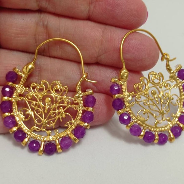 Delicate faceted light purple agate hoop openwork  earrings,  gold plated bronze gemstone turkish earrings