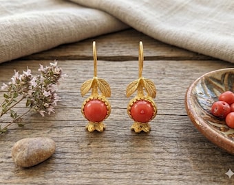Gold Plated Pomegranate Earrings, Coral Boho Dangle Earrings