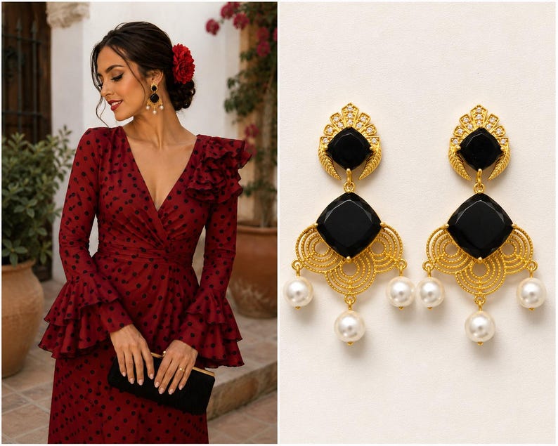 May include: A woman in a red polka dot dress with long sleeves and ruffled detailing, holding a black clutch. The image also features gold earrings with black square stones and dangling pearls.