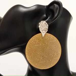 Turkish hammered textured silver and gold mixed metal disc earrings, dangle post stud matte gold plated statement earrings,geometric jewelry