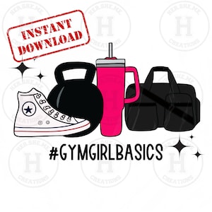 Puede incluir: Una ilustración digital de una bolsa de gimnasio, una pesa rusa, un par de zapatillas y un vaso rosa con una pajita. El texto #GYMGIRLBASICS está debajo de los artículos.