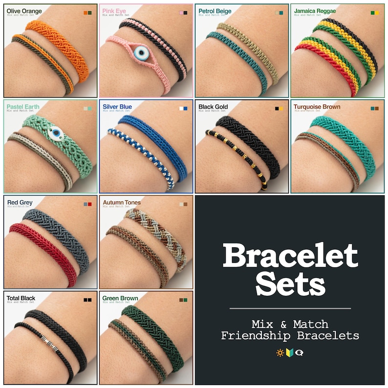 K&ouml;nnte beinhalten: Eine Auswahl an bunten Freundschaftsarmb&auml;ndern in verschiedenen Stilen und Farben, darunter Orange, Rosa, Blau, Schwarz und Gr&uuml;n. Das Bild enth&auml;lt den Text "Bracelet Sets" und "Mix & Match Friendship Bracelets."