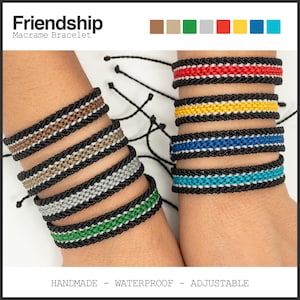 May include: Macrame friendship bracelets in various colors, including red, yellow, blue, and green. The bracelets are handmade, waterproof, and adjustable. The image shows the bracelets on wrists, showcasing the different color combinations.