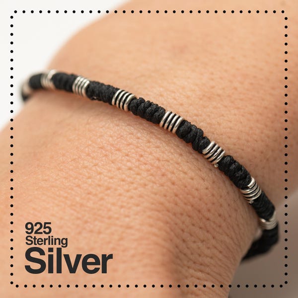 Oxidized Sterling Silver Tube Bead Bracelet: Macrame Cord Bracelet