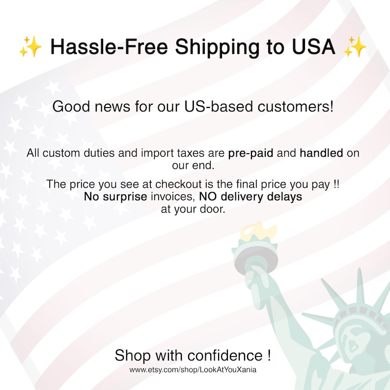 May include: Image with text: "Hassle-Free Shipping to USA." Additional text states: "Good news for our US-based customers!" and "Shop with confidence!" The background features a stylized American flag and the Statue of Liberty.