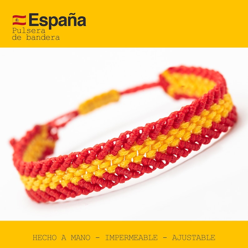 May include: A red and yellow woven bracelet, resembling the Spanish flag. The bracelet features the text "Espa&ntilde;a" and "Pulsera de bandera". The bracelet is handmade, waterproof, and adjustable.