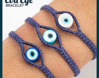 May include: Three blue Evil Eye bracelets are displayed. Each bracelet features a woven blue cord with an eye-shaped bead in the center. The beads have a blue and white design. The text "Evil Eye Bracelet" is in the upper left corner.