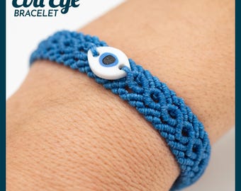 May include: A blue macrame bracelet with an evil eye charm. The bracelet features a woven design and a white oval charm with a blue and black eye symbol. The text "Evil Eye Bracelet" is in the upper left corner.