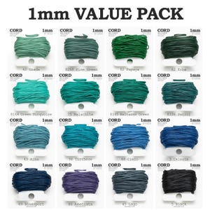 May include: A value pack of 1mm waxed cord in various colors, including green, turquoise, blue, teal, purple, and black. Each spool is labeled with the color name and number.