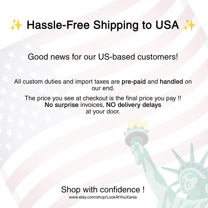 Puede incluir: Imagen con texto: "Hassle-Free Shipping to USA." Texto adicional indica: "Good news for our US-based customers!" y "Shop with confidence!" El fondo presenta una bandera estadounidense estilizada y la Estatua de la Libertad.