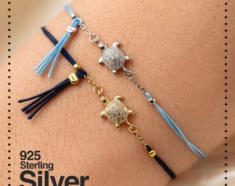 Bracelet tortue CZ : argent sterling, plaqué or, bracelet d'amitié réglable