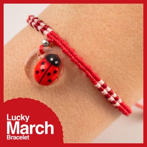 May include: Red and white braided bracelet with a clear charm featuring a red ladybug with black spots. The bracelet has a silver-colored bead and the text "Lucky March Bracelet" in white on a red background.