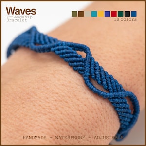 May include: A handmade, waterproof, adjustable blue friendship bracelet with a woven design, shown on a wrist. The text "Waves Friendship Bracelet" is visible, along with the words "Handmade - Waterproof - Adjustable".