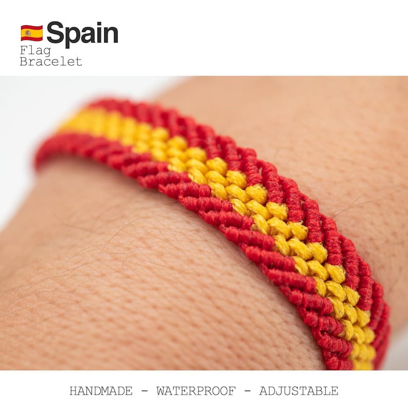 May include: A handmade, waterproof bracelet featuring the colors of the Spanish flag: red and yellow. The bracelet is adjustable and has the text "Spain Flag Bracelet".