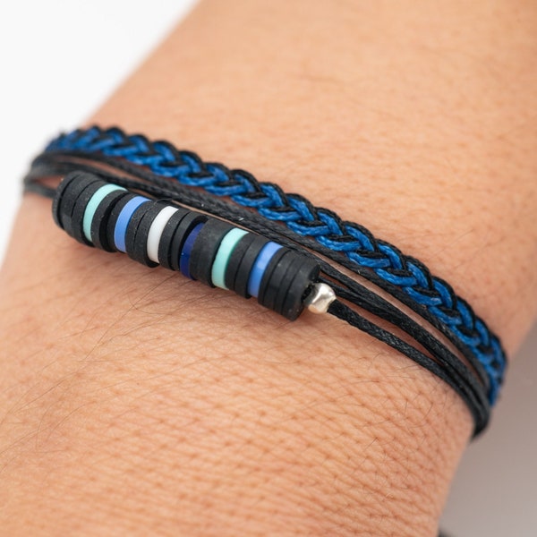 Bracelet fimo bleu avec perles Heishi, cadeau d'anniversaire pour adolescente, bracelet en perles de fimo, cadeau pour femme, bracelet de surfeurs multibrins de l'an 2000